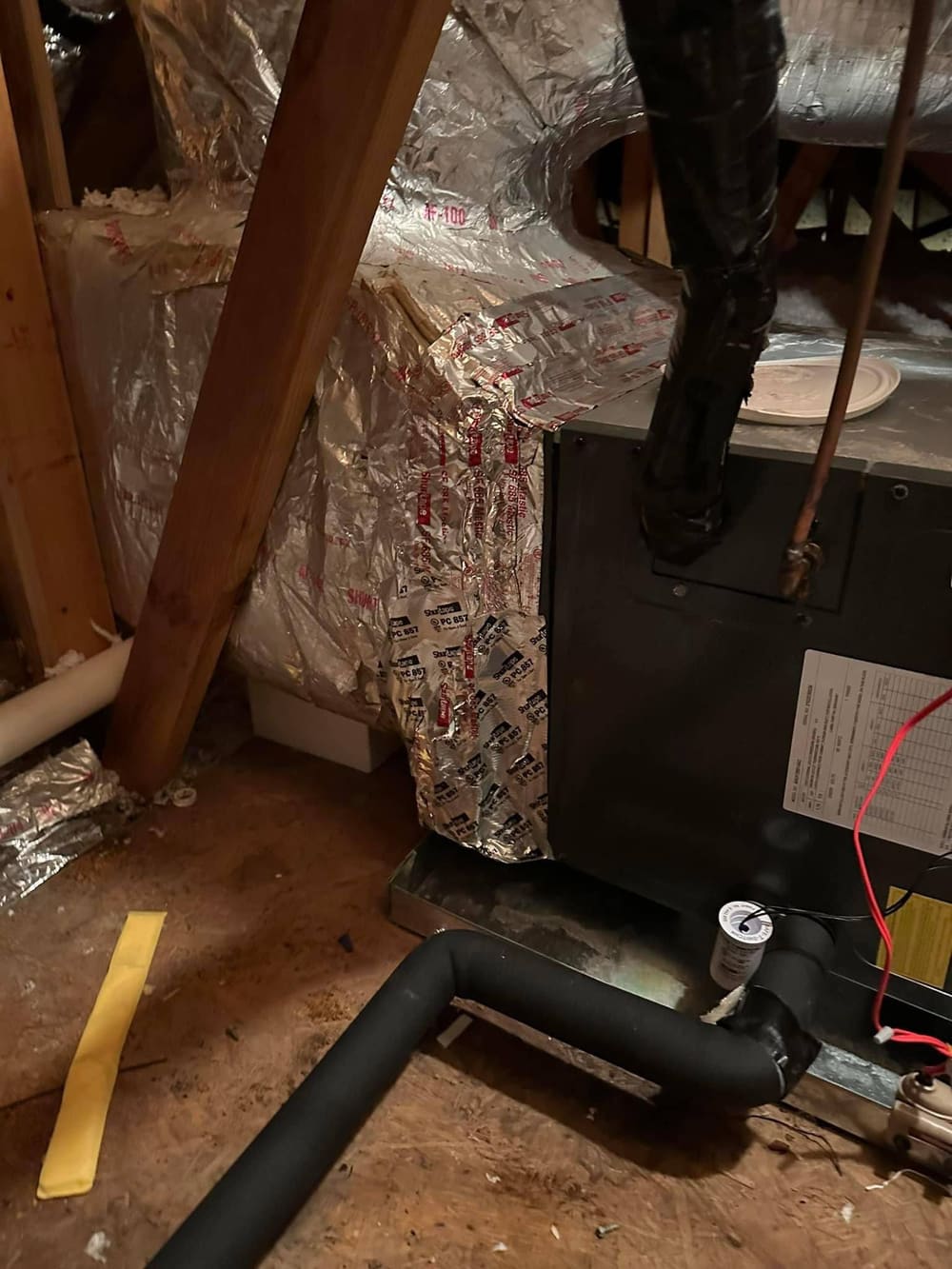 Attic air handler with insulated duct and line set